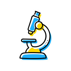 A blue and yellow microscope with a yellow handle. The microscope is drawn in a stylized way, with a focus on the blue and yellow colors. Concept of scientific curiosity and exploration