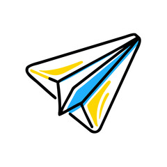 A blue and yellow paper airplane is drawn on a white background. The airplane is positioned in the middle of the image, with its wings spread out. The design of the airplane is simple and playful
