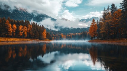 Fototapeta premium Autumn mountain landscape with lake and forest reflections