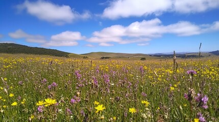 A vibrant meadow teeming with wildflowers swaying gently in the breeze, set against a backdrop of rolling hills and a bright blue sky adorned with fluffy clouds. 