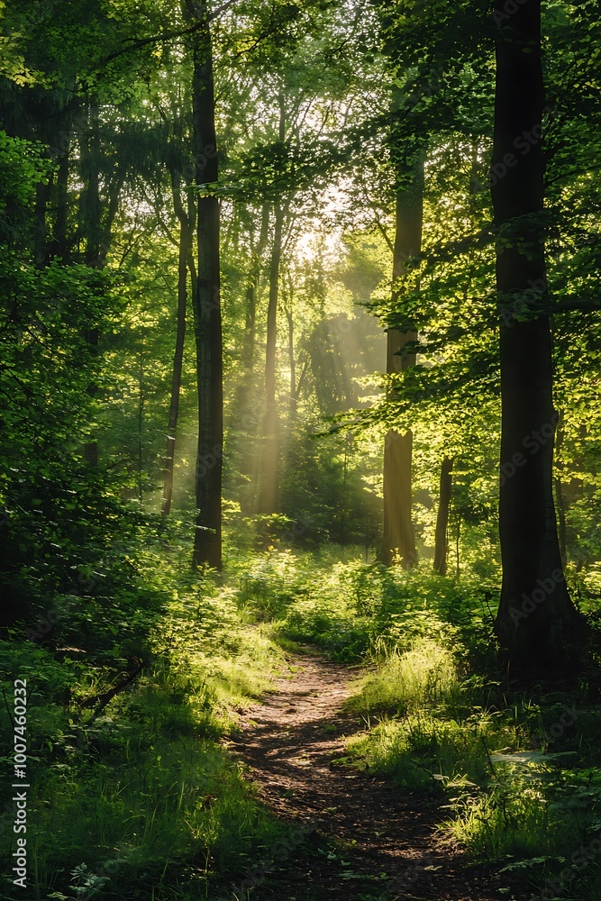 Poster sunbeams through trees in a lush forest with path in the middle