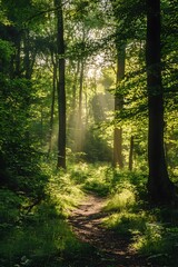 Obraz premium Sunbeams through trees in a lush forest with path in the middle