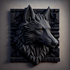 Black Stone Wolf Head Sculpture in Ancient Relief Style