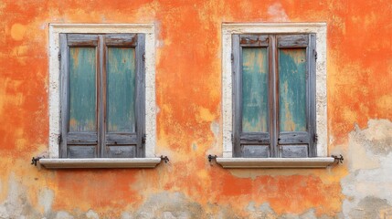 Fototapeta premium Colorful orange wall with weathered wooden windows
