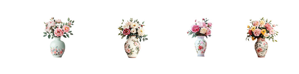 Vases with colorful flowers, white isolated background