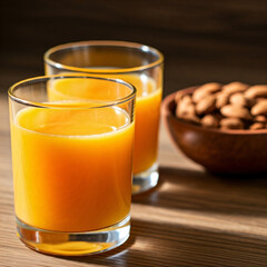 Two glasses of orange juice with a bowl of almonds on a wooden table