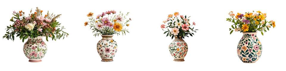 Flower arrangements in decorative vases, white isolated background