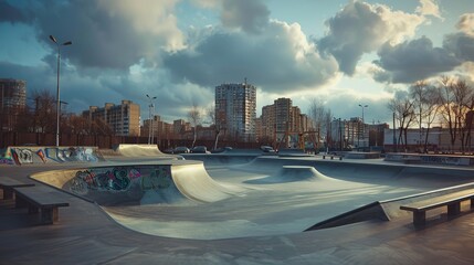 Dynamic urban skateboard park with city backdrop  a vivid snapshot of action and excitement