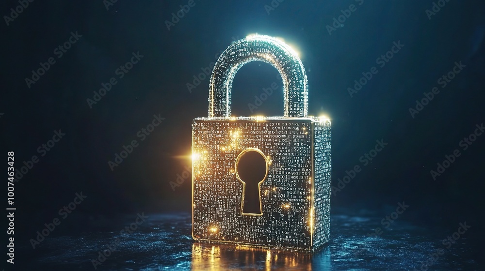 Poster digital lock concept with glowing binary elements