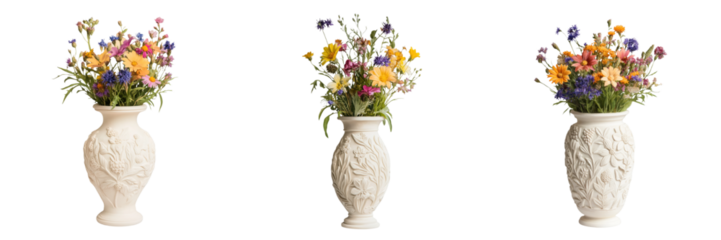Colorful flower arrangements in decorative vases, white isolate background