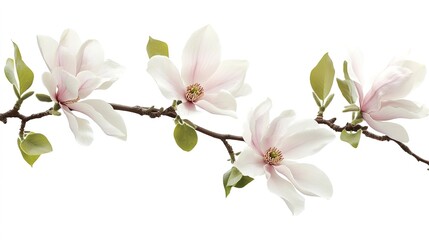 Obraz premium A simple and elegant branch of blooming magnolias, featuring delicate white and pink petals that stand out beautifully against a pristine white background. 