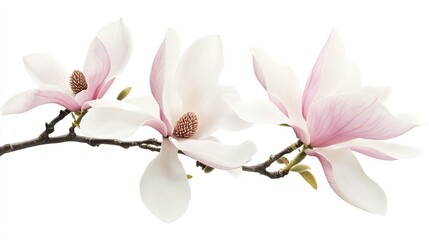 Obraz premium A simple and elegant branch of blooming magnolias, featuring delicate white and pink petals that stand out beautifully against a pristine white background. 