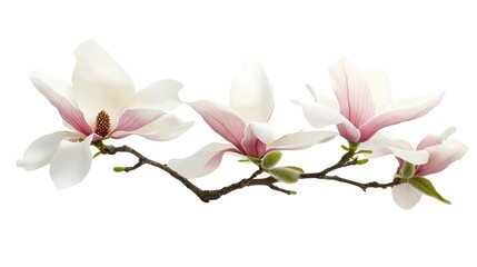 Fototapeta premium A simple and elegant branch of blooming magnolias, featuring delicate white and pink petals that stand out beautifully against a pristine white background. 