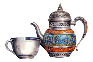PNG Cup porcelain teapot metal, digital paint illustration.