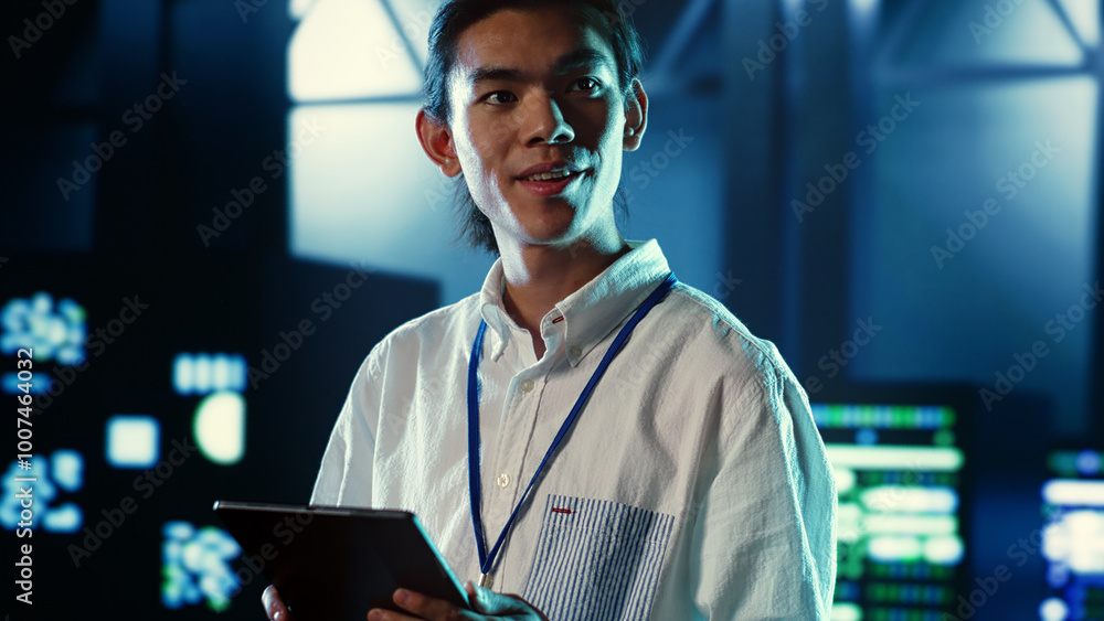 Poster seasoned employee walking through data center machines providing processing resources for different 