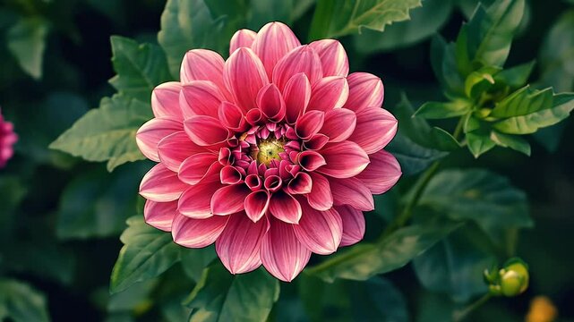 A single pink dahlia flower blooms in the garden.