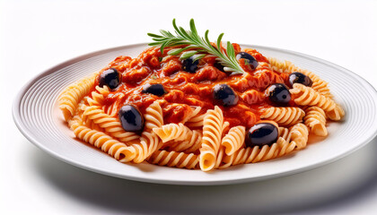 Vibrant pasta dish with tomato sauce and olives, a culinary delight