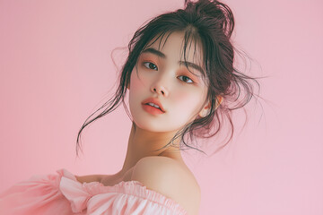 This photo of a young woman with a pink backdrop and clothing radiates femininity and delicate beauty.