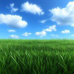 Obraz premium view of green grass and blue sky, clouds and meadows, nature and environment