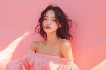 This photo of a young woman with a pink backdrop and clothing radiates femininity and delicate beauty.