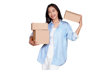 Asian woman smiling holding box package isolated transparent