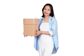 Asian woman smiling holding box package isolated transparent