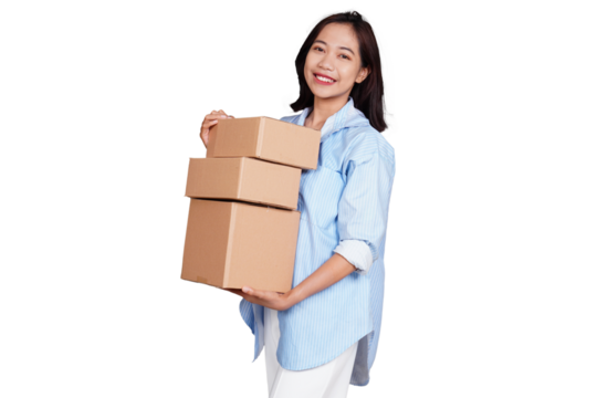 Asian woman smiling holding box package isolated transparent