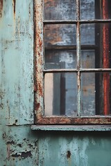 Naklejka premium Closeup of Rusty Window on Weathered Green Building