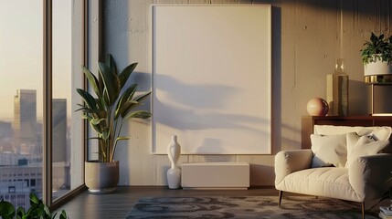 Modern Living Room with Large Blank Canvas and City View
