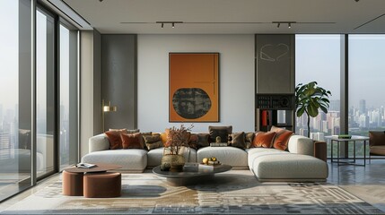 Modern Living Room with Sectional Sofa and City View