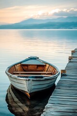 Fototapeta premium Small wooden rowboat tied to a pier with calm water and mountains in the background