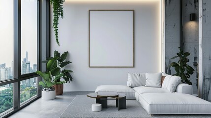 Modern Living Room with White Sofa, City View, and a Blank Canvas