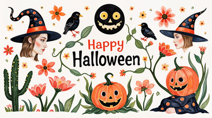 Happy Halloween! Watercolor Illustration of Witches, Pumpkins, Flowers, and Bats isolated on a White Background. Whimsical Halloween: Witches and Pumpkins
