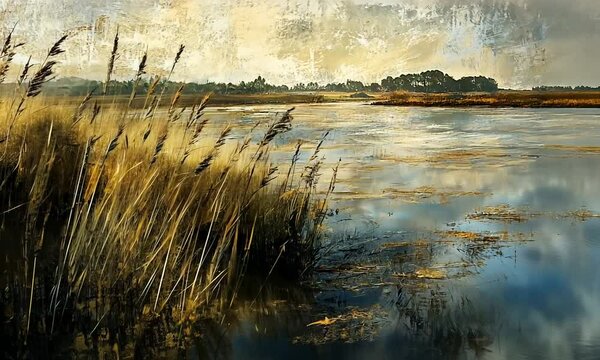 Golden Grass and Tranquil Lake Under a Cloudy Sky