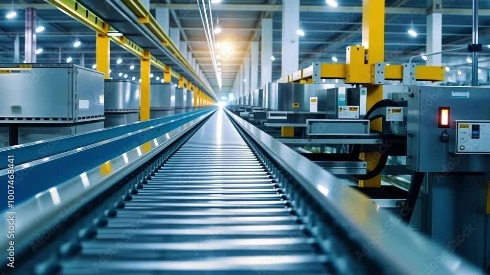 Poster empty conveyor belt is moving through an automated facility, suggesting a focus on safety and securi