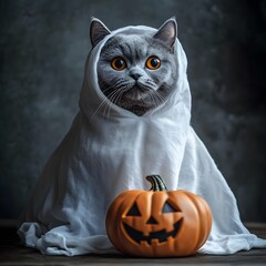 Cat dressed as a ghost with a jack-o-lantern on dark background for Halloween..