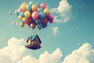 The image features a whimsical house soaring through the sky, lifted by vibrant balloons, creating a fantastical and dreamlike scene against fluffy clouds.