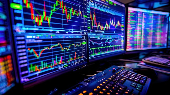 Close-up of a computer monitor displaying financial charts, showing fluctuating values.