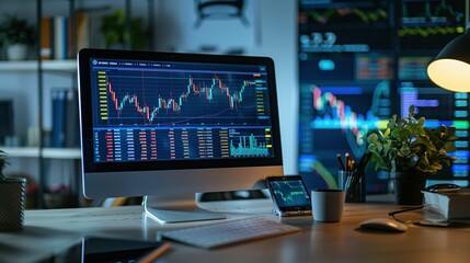 Naklejka premium Desktop with Financial Data on Two Screens and a Smartphone