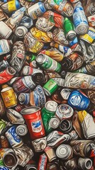 A detailed image showcasing a vivid collection of assorted crushed cans, plastic bottles, and various soda containers highlighting consumerism and waste culture impact.