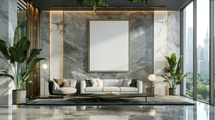 Modern Living Room with Marble Walls, City View, and Empty Frame