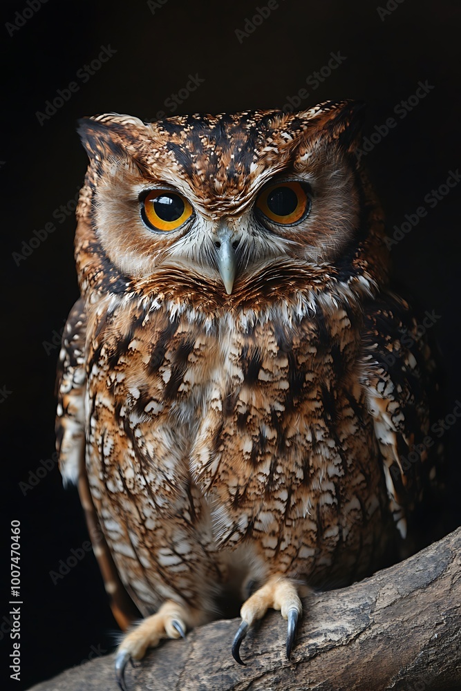 Poster close up portrait of a wise owl with sharp eyes, perched on a branch in a dark setting