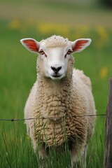 Obraz premium Close up portrait of a white sheep standing in a green meadow