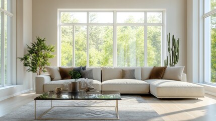 A spacious living room featuring a beige sectional sofa, large windows overlooking greenery, a glass coffee table, a cactus, and a tall green plant on wooden floors.