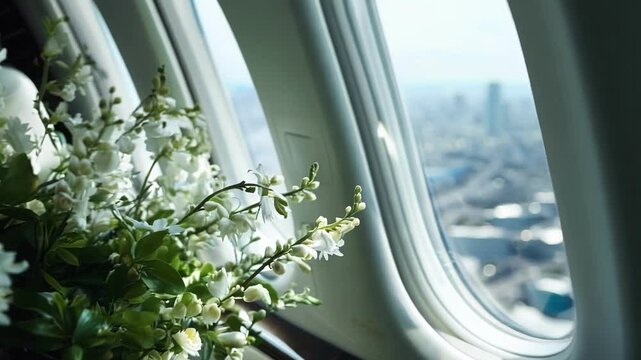 Bouquet of delicate white flowers adds a touch of elegance to the luxurious interior of a private jet, as it soars above a sprawling cityscape