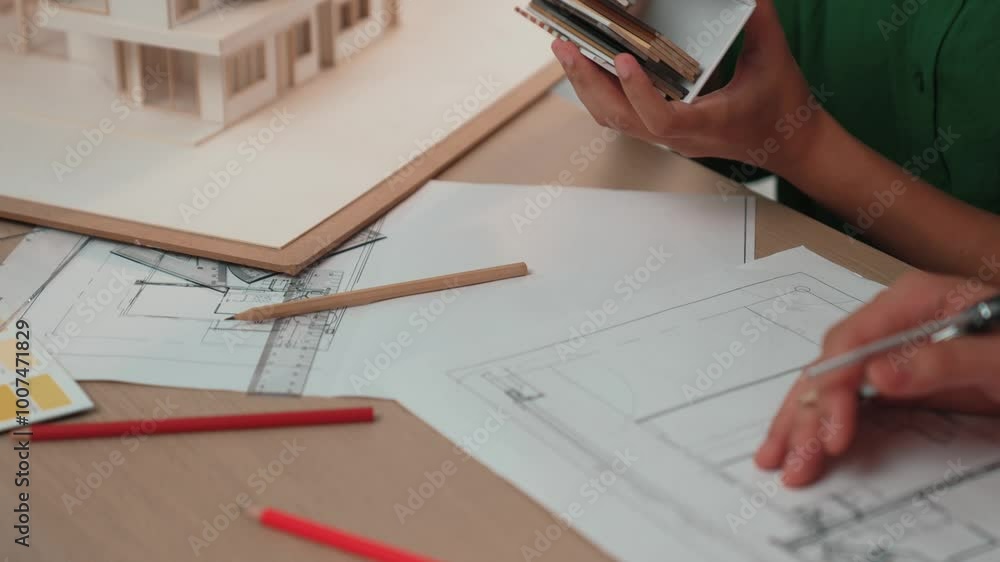Poster slow motion interior designer using architectural equipment draw a blueprint while interior designer