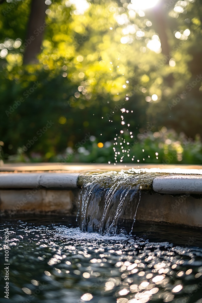 Poster closeup of a small waterfall cascading into a pool of water, with sunlight shining through the water