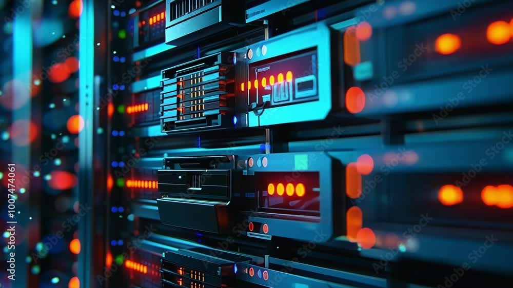 Poster data is rapidly transferring through the network inside a server room with blinking led lights, crea