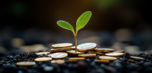 Abstract image of a seedling sprouting from a pile of coins, symbolizing business growth