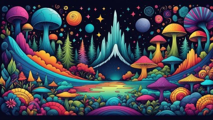 A vibrant, surreal landscape filled with colorful mushrooms, trees, and celestial elements.